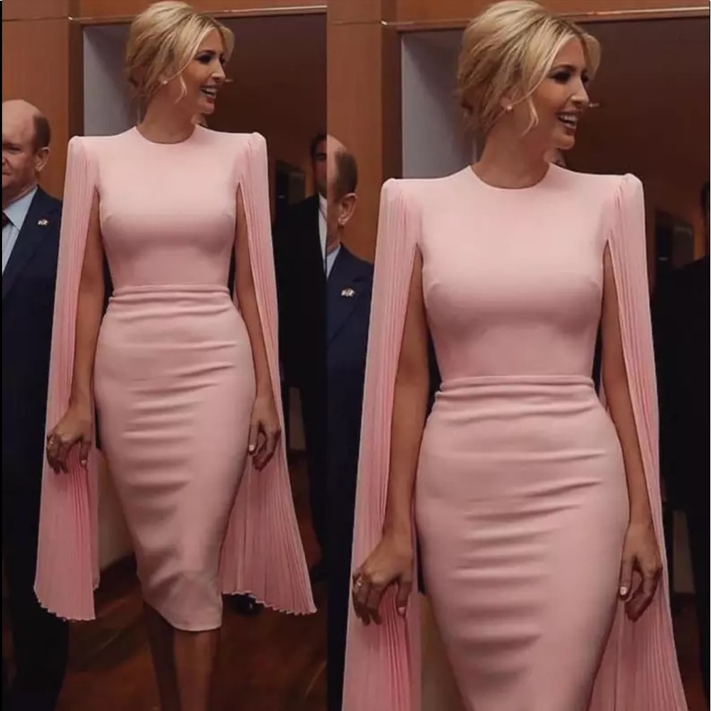 NWOT Ballet Pink Body Con Pleated Cape Dress